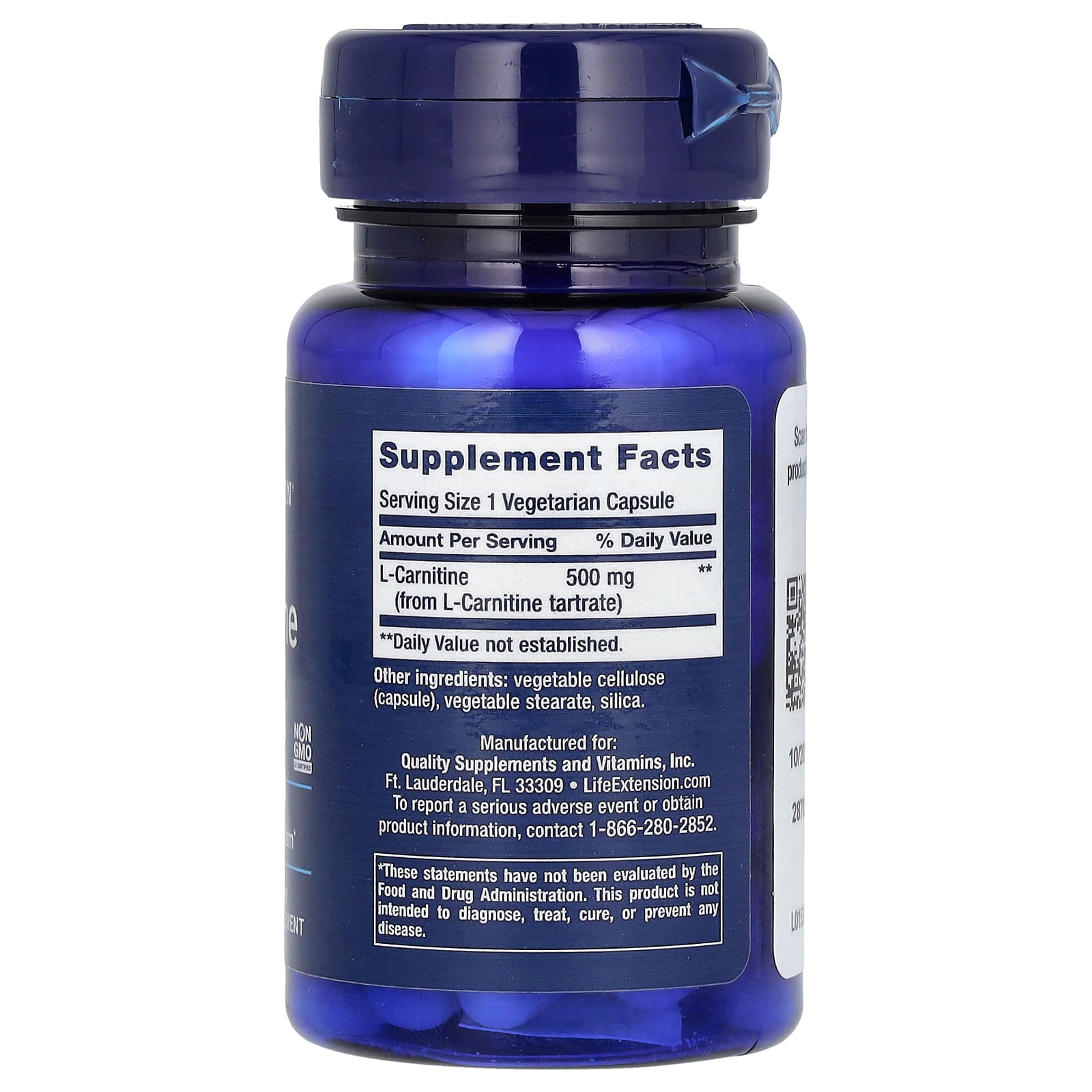 L-карнитин Life Extension L-Carnitine, 500 мг, 30 растительных капсул — фото 2