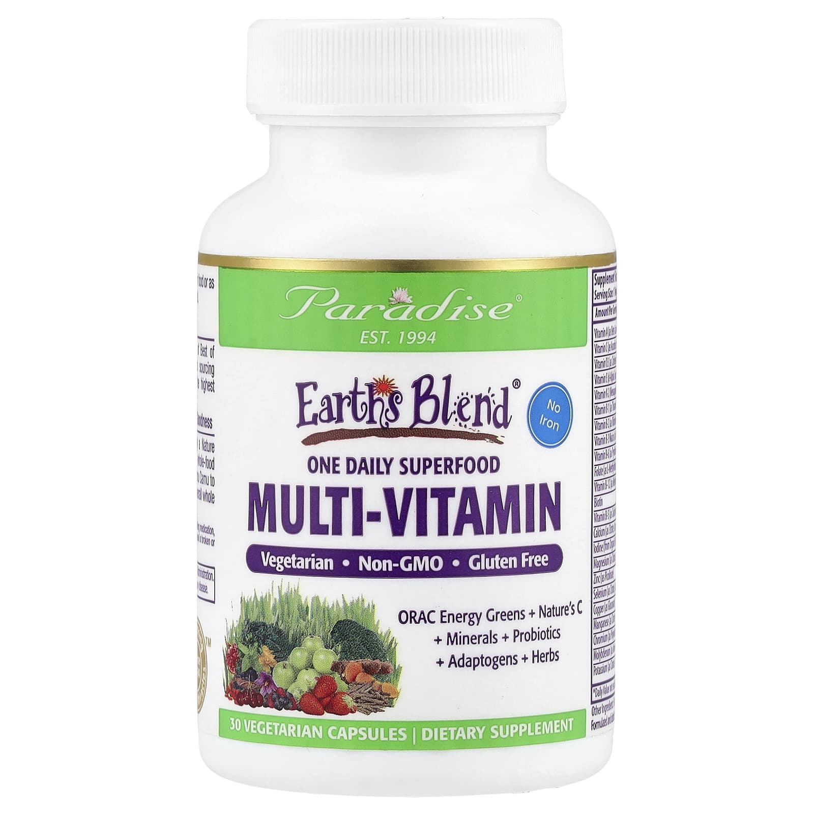 Мультивитамины Paradise Herbs Earth's Blend One Daily Superfood No Iron, 30 растительных капсул