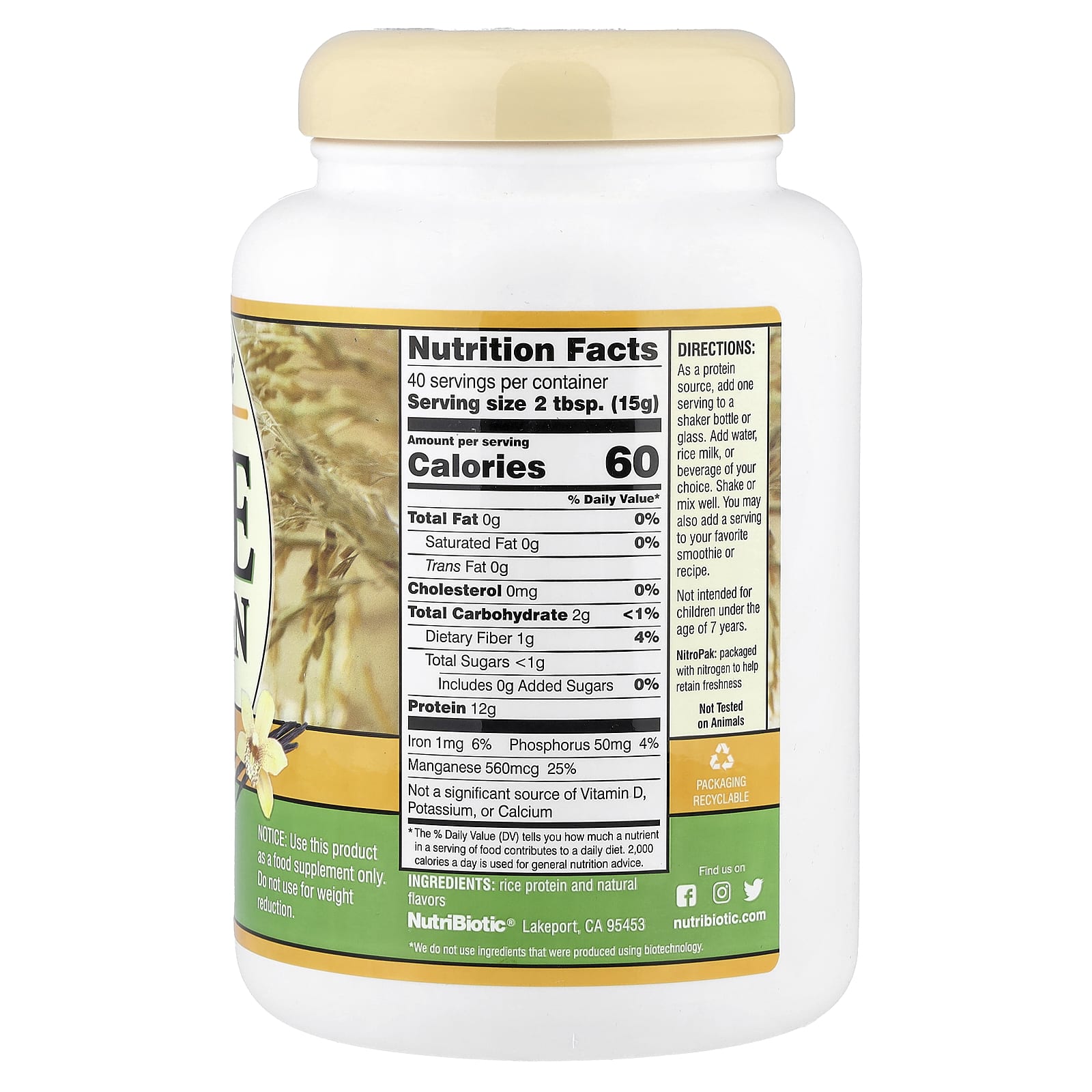 Протеин NutriBiotic Raw Rice, вкус Vanilla, 600 г — фото 2