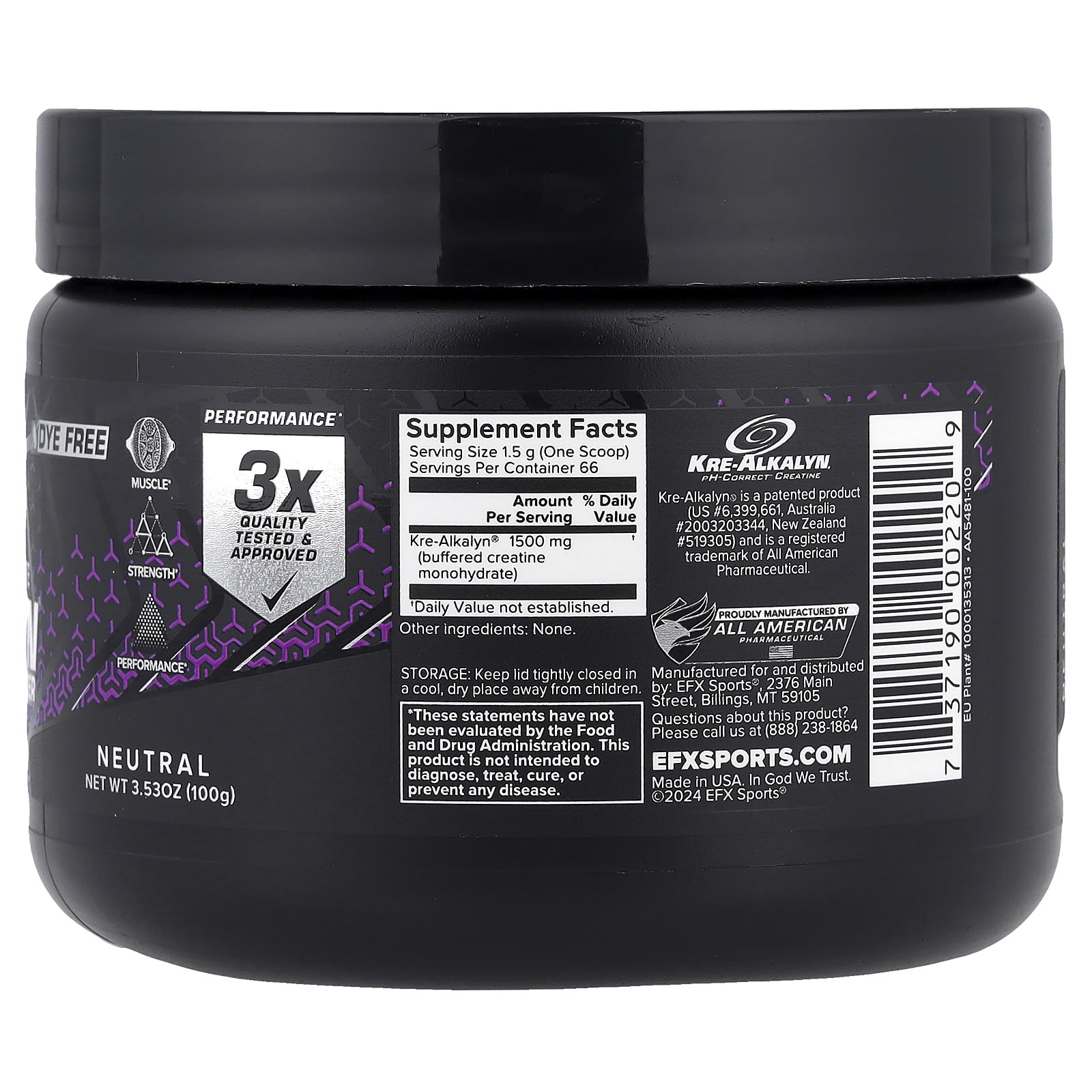 Креатин моногидрат EFX Sports PH-Correct® Kre-Alkalyn® EFX Powder, оттенок Neutral, 100 г, порошок — фото 2