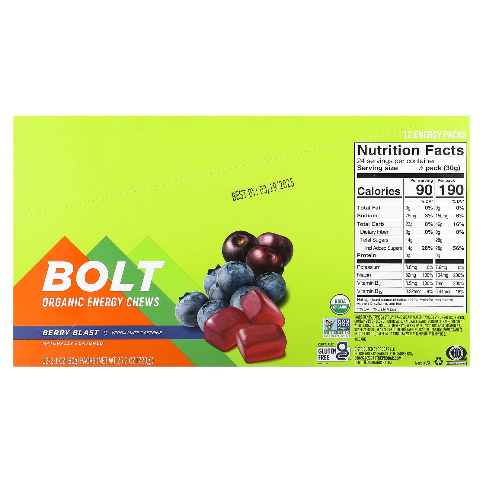 Энергетические жевательные конфеты ProBar, Berry Blast, 12 упаковок, 60 г (2.1 oz) каждая — фото 3