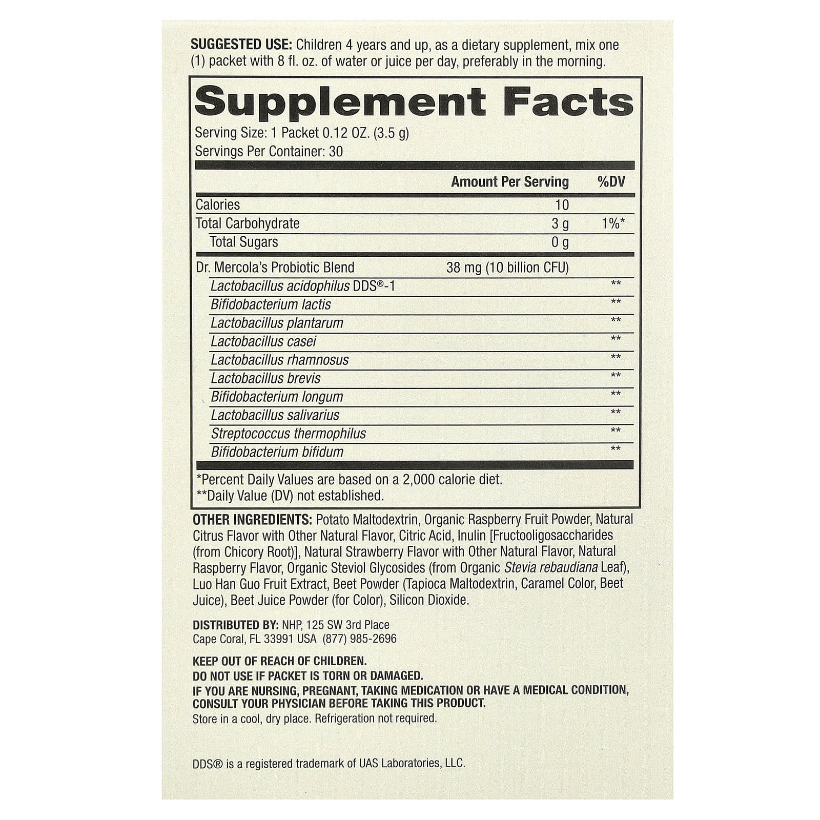 Пробиотик Dr. Mercola Complete Powder Packets for Natural Raspberry 30 Packets, оттенок 10 Billion CFU, 3.5 г, саше — фото 2