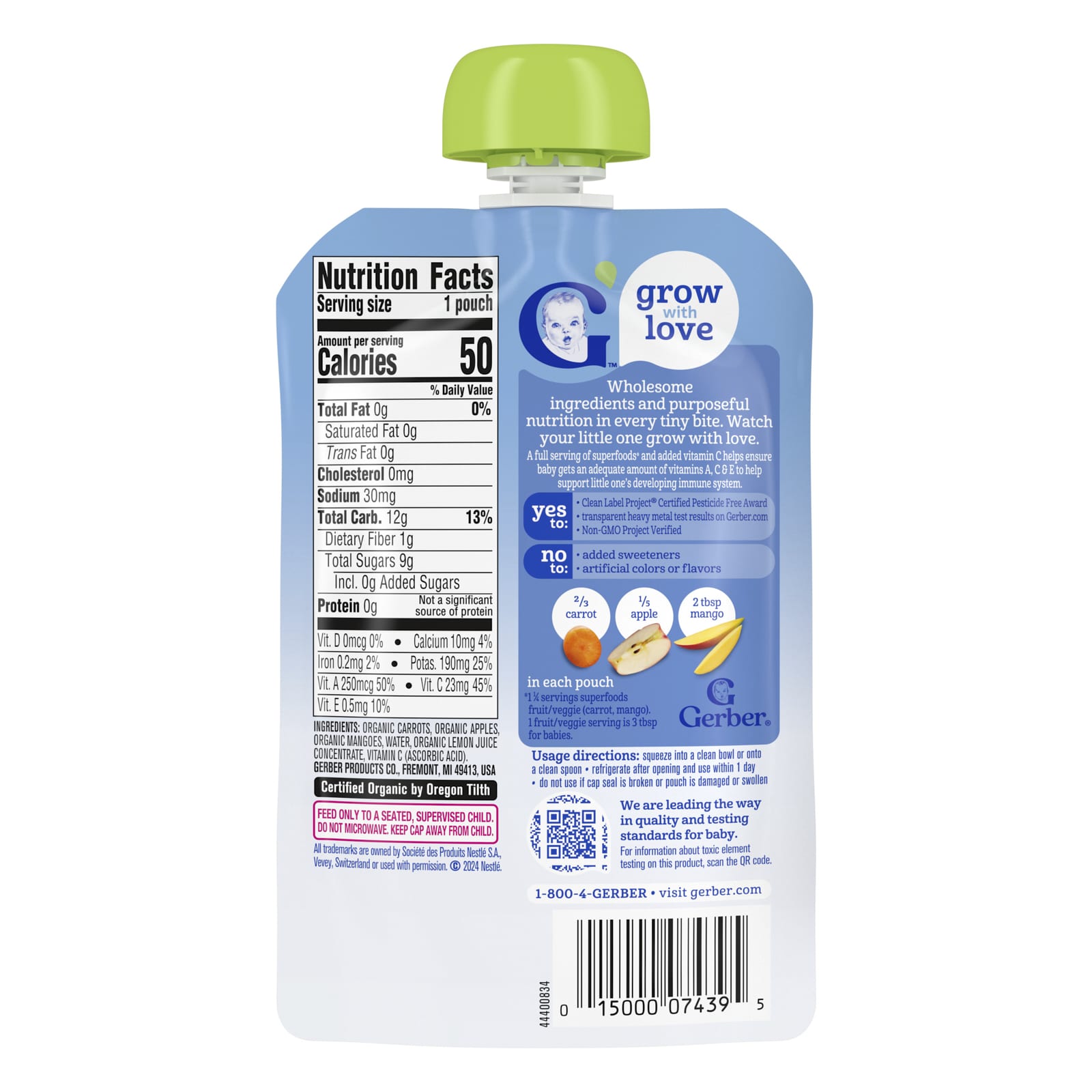 Пюре Gerber, 2-й прикорм, Морковь Яблоко Манго, 3.5 oz (99 g) — фото 2