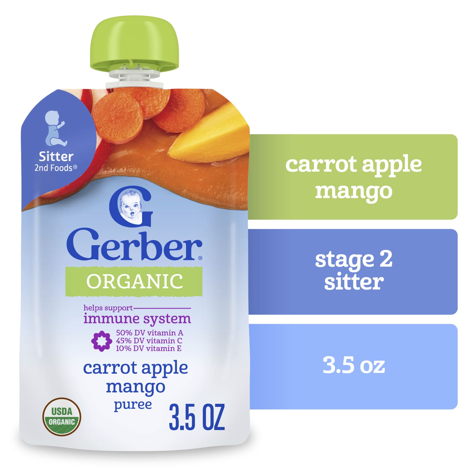 Пюре Gerber, 2-й прикорм, Морковь Яблоко Манго, 3.5 oz (99 g) — фото 3