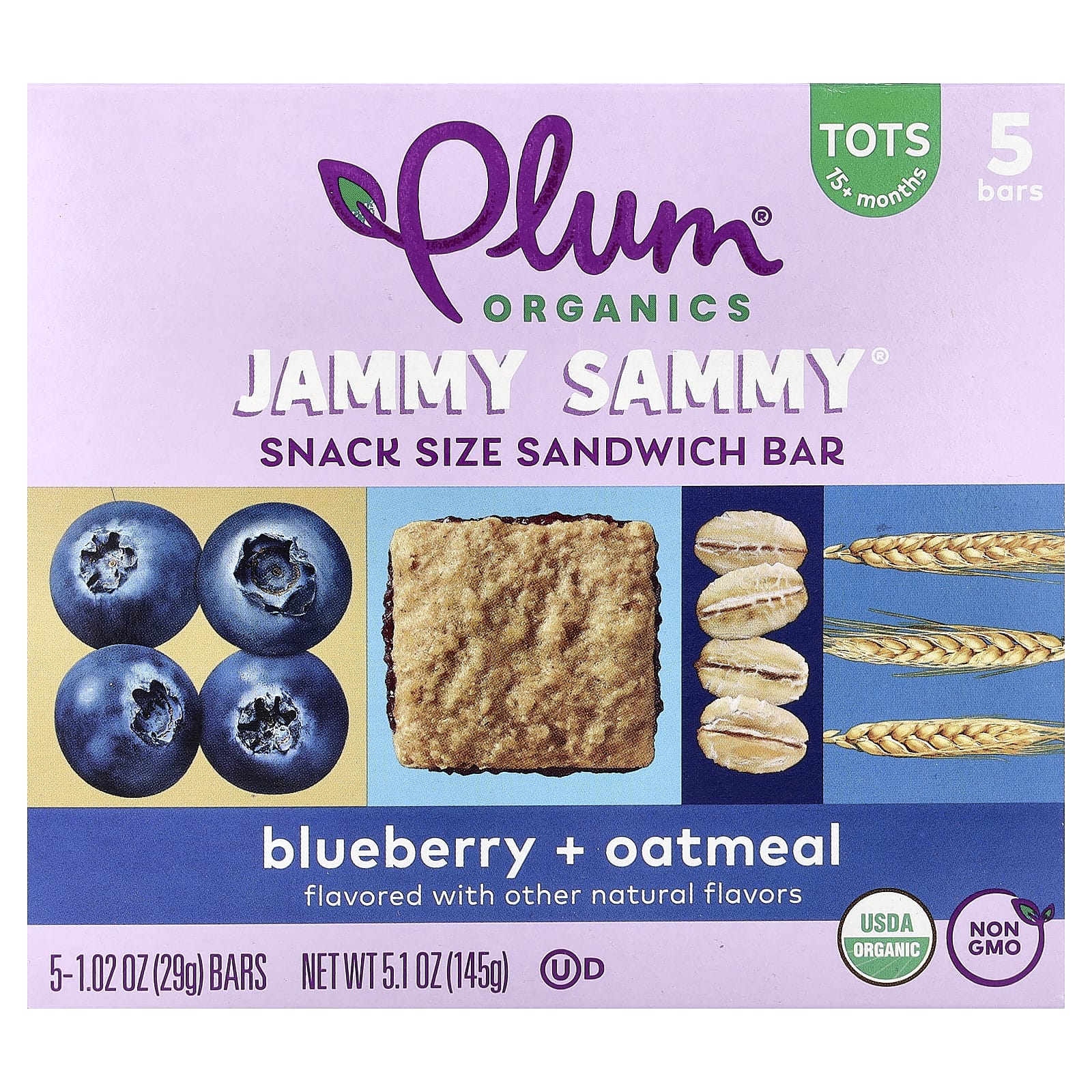 Овсянка Plum Organics Jammy Sammy® Snack Size Sandwich Bar 15+ Months Blueberry &, 29 г, 5 шт., батончик — фото 2