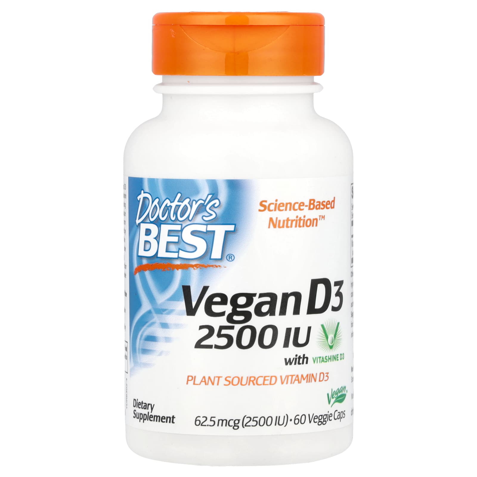 Витамин D3 Doctor's Best Vegan with Vitashine, 62.5 мкг (2500 МЕ), 60 растительных капсул