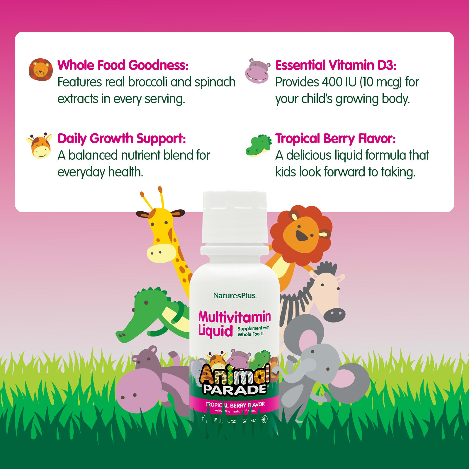 Мультивитамины NaturesPlus Animal Parade® Liquid Tropical Berry, 236.56 мл, жидкая форма — фото 3