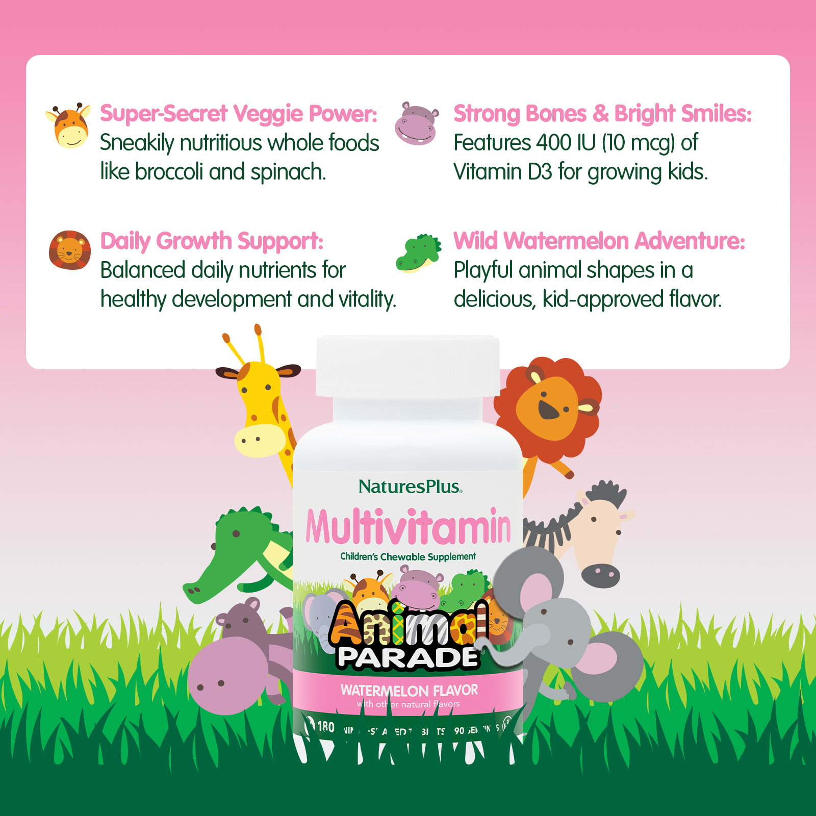 Детские жевательные мультивитамины NaturesPlus Animal Parade®, оттенок Watermelon, 180 жевательных таблеток в форме животных — фото 4