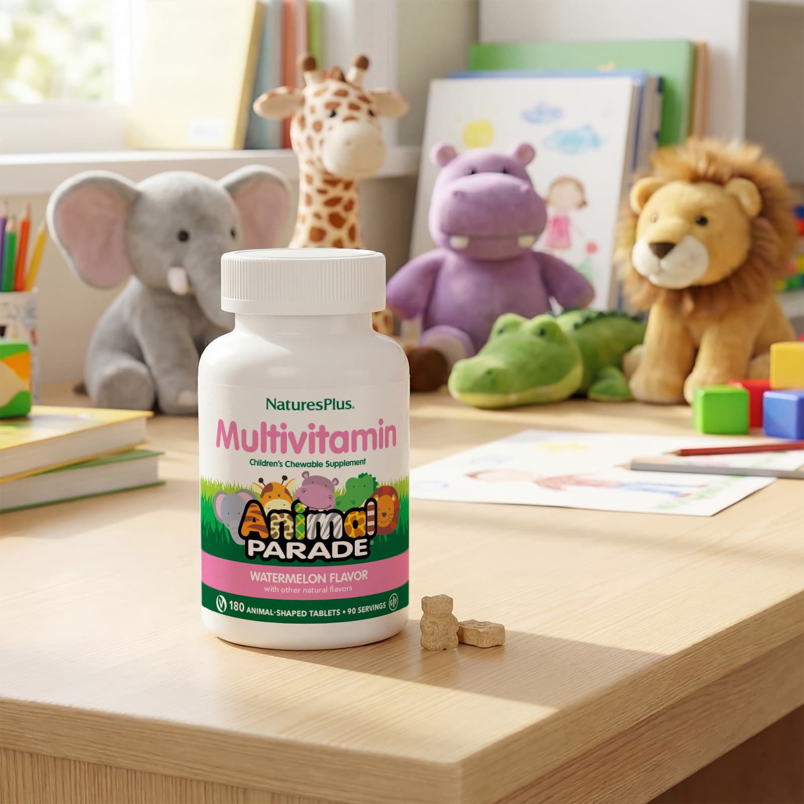 Детские жевательные мультивитамины NaturesPlus Animal Parade®, оттенок Watermelon, 180 жевательных таблеток в форме животных — фото 6