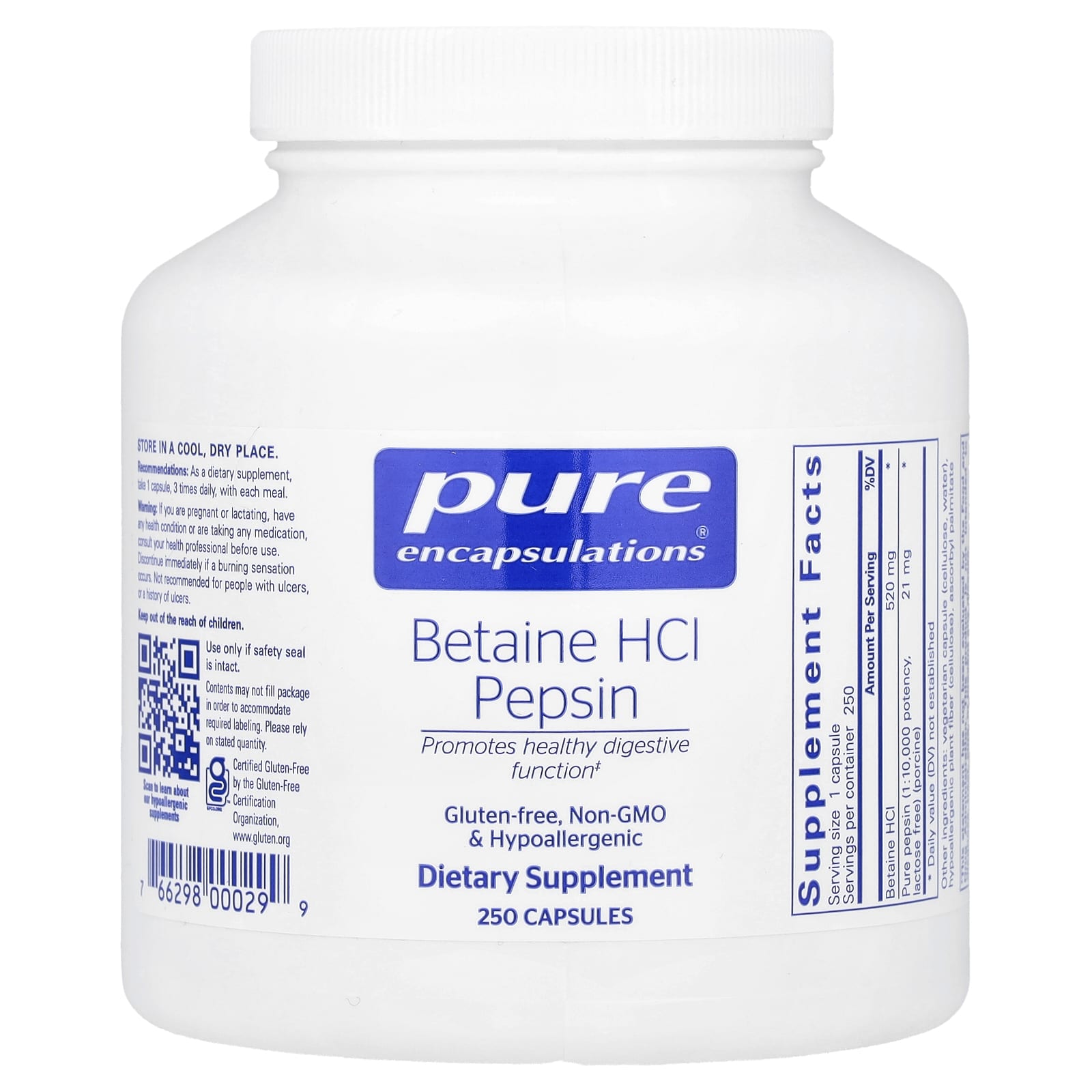 Бетаин HCl Pure Encapsulations Pepsin, 250 капсул