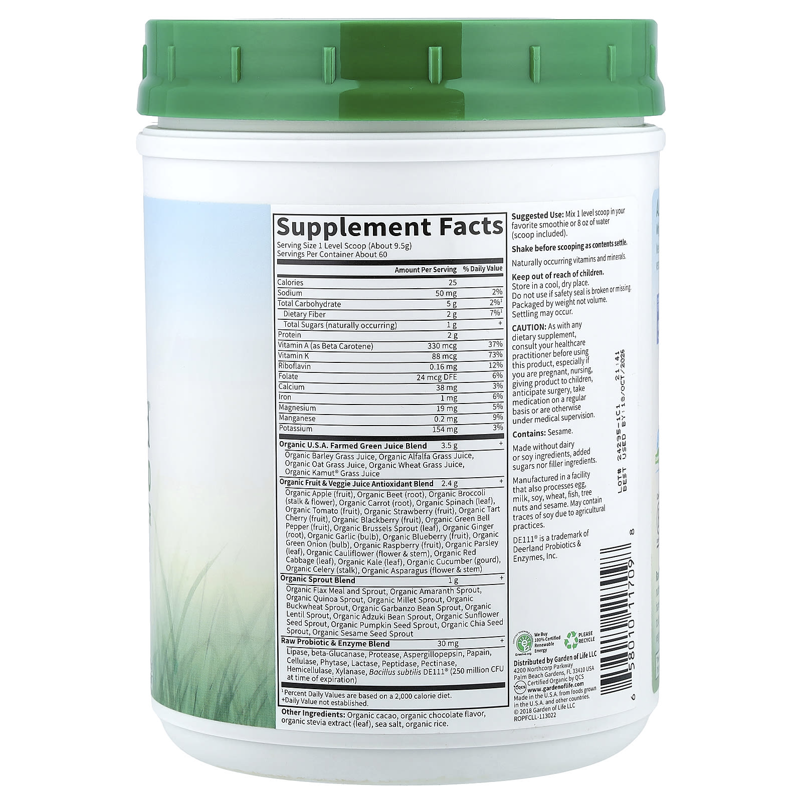 Шоколад Garden of Life Raw Organic Perfect Food® Green Superfood, 570 г, 1 lb — фото 2