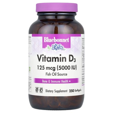 Витамин D3 Bluebonnet Nutrition, 125 мкг (5000 МЕ), 250 мягких капсул