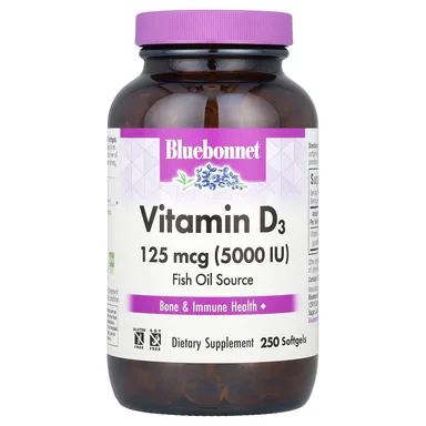 Фото товара: Витамин D3 Bluebonnet Nutrition, 125 мкг (5000 МЕ), 250 мягких капсул