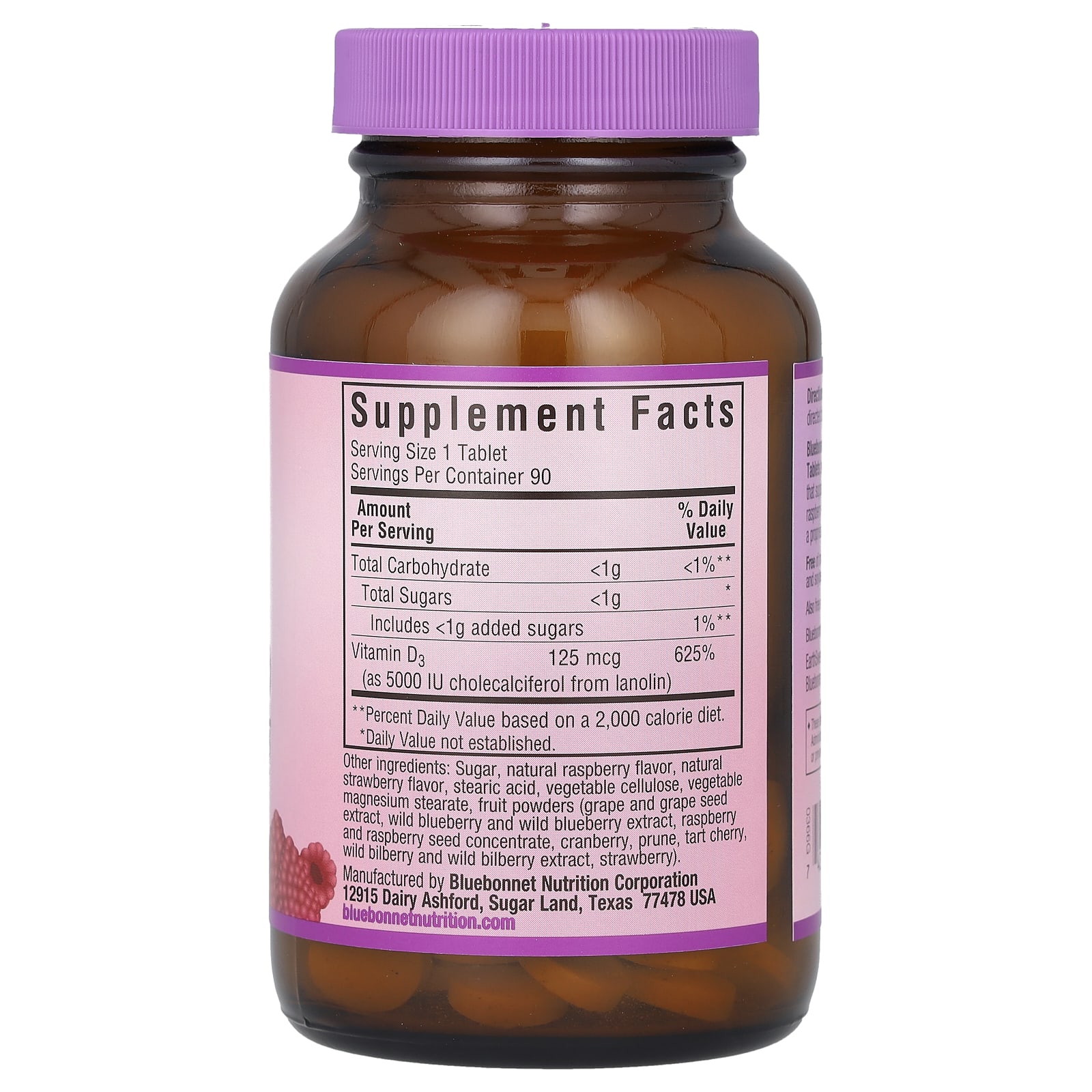 Витамин D3 Bluebonnet Nutrition 5, вкус Raspberry, 125 мкг, 90 жевательных таблеток — фото 2