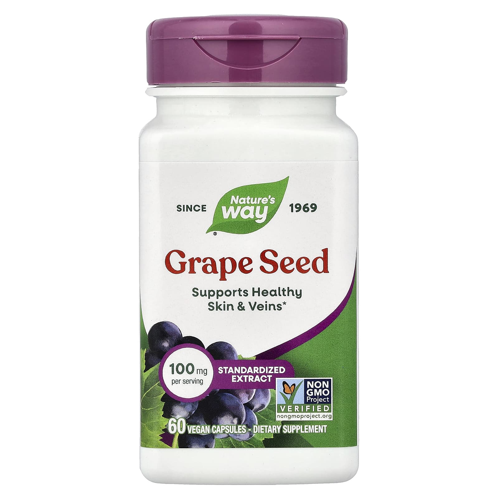 Виноградные косточки Nature's Way, вкус Grape Seed, 100 мг, 60 растительных капсул
