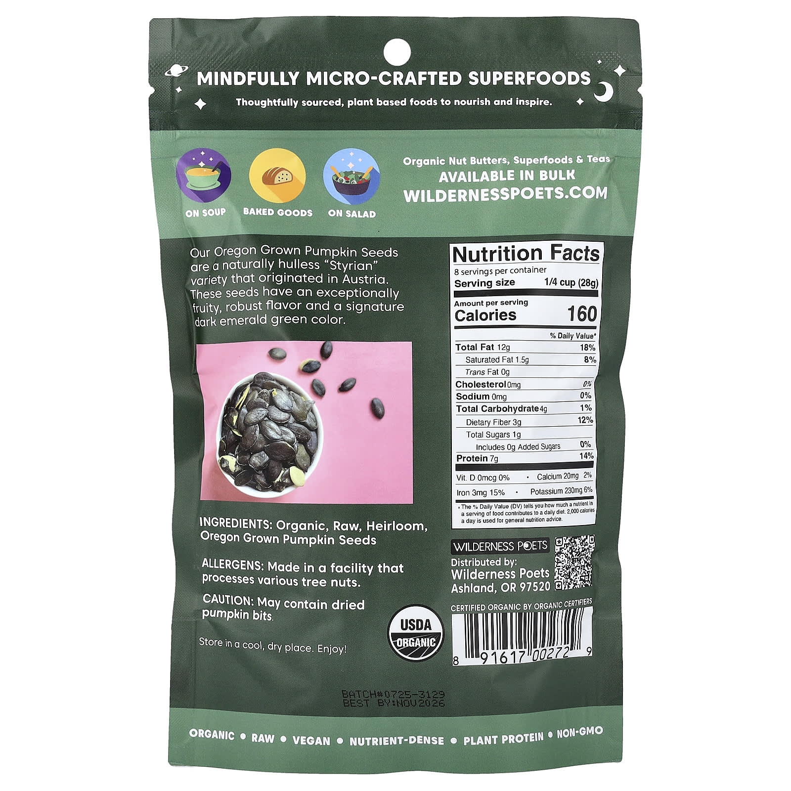 Семена тыквы Wilderness Poets Organic Oregon Raw & Unsalted, 226 г — фото 2