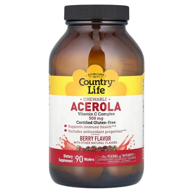 Витамин C Country Life Chewable Acerola Complex Berry, оттенок 90 Wafers, 500 мг