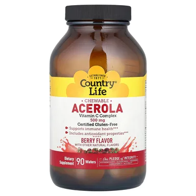 Фото товара: Витамин C Country Life Chewable Acerola Complex Berry, 90 Wafers, 500 мг
