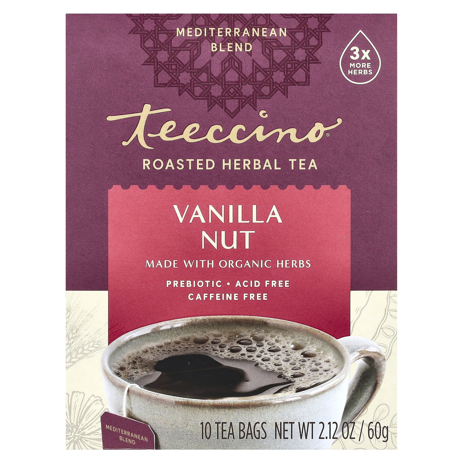 Чай Teeccino Roasted Herbal Vanilla Nut Caffeine Free, оттенок 10 Tea Bags, 60 г, чайные пакетики