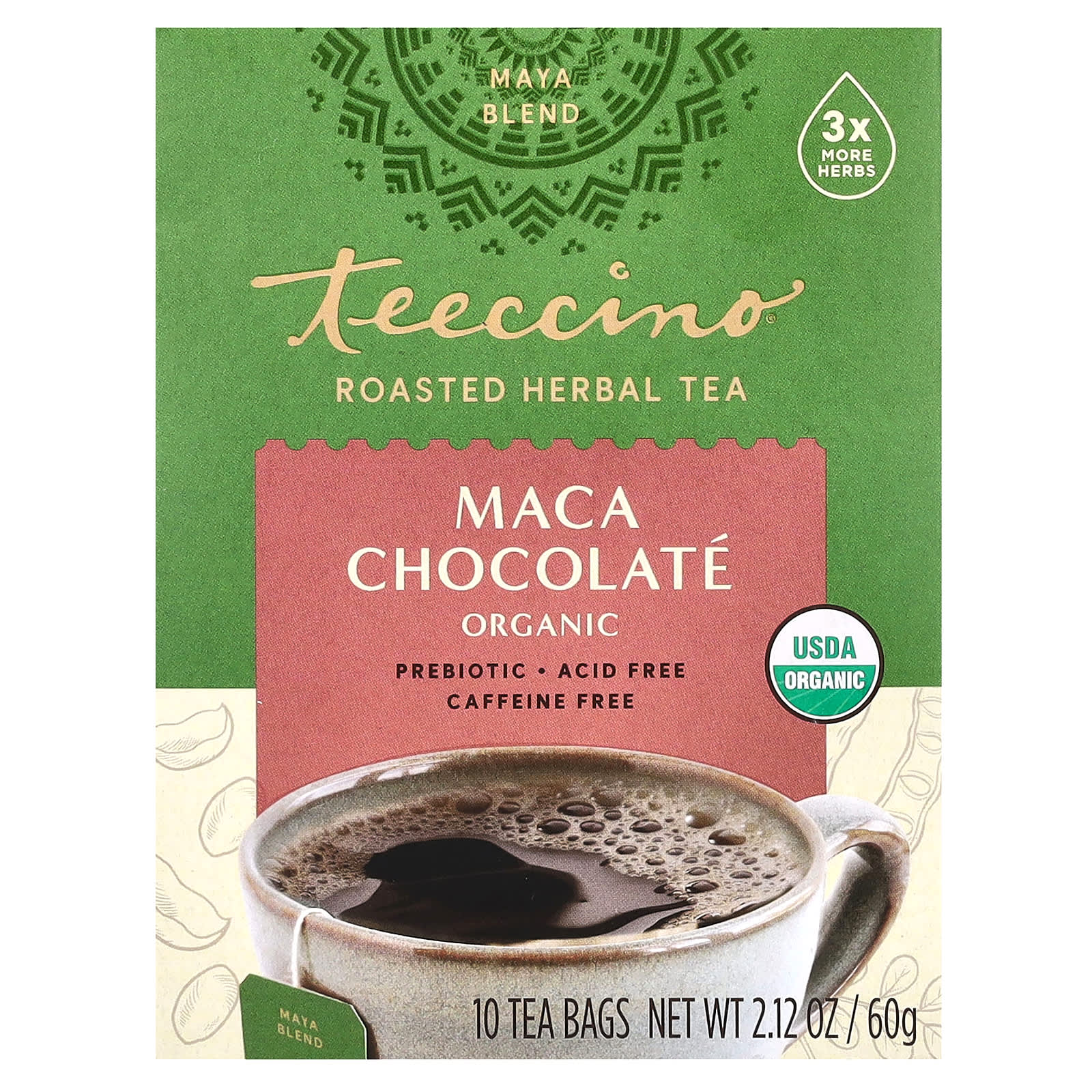 Шоколад Teeccino Organic Roasted Herbal Tea Maca Caffeine Free, оттенок 10 Tea Bags, 60 г, чайные пакетики — фото 3