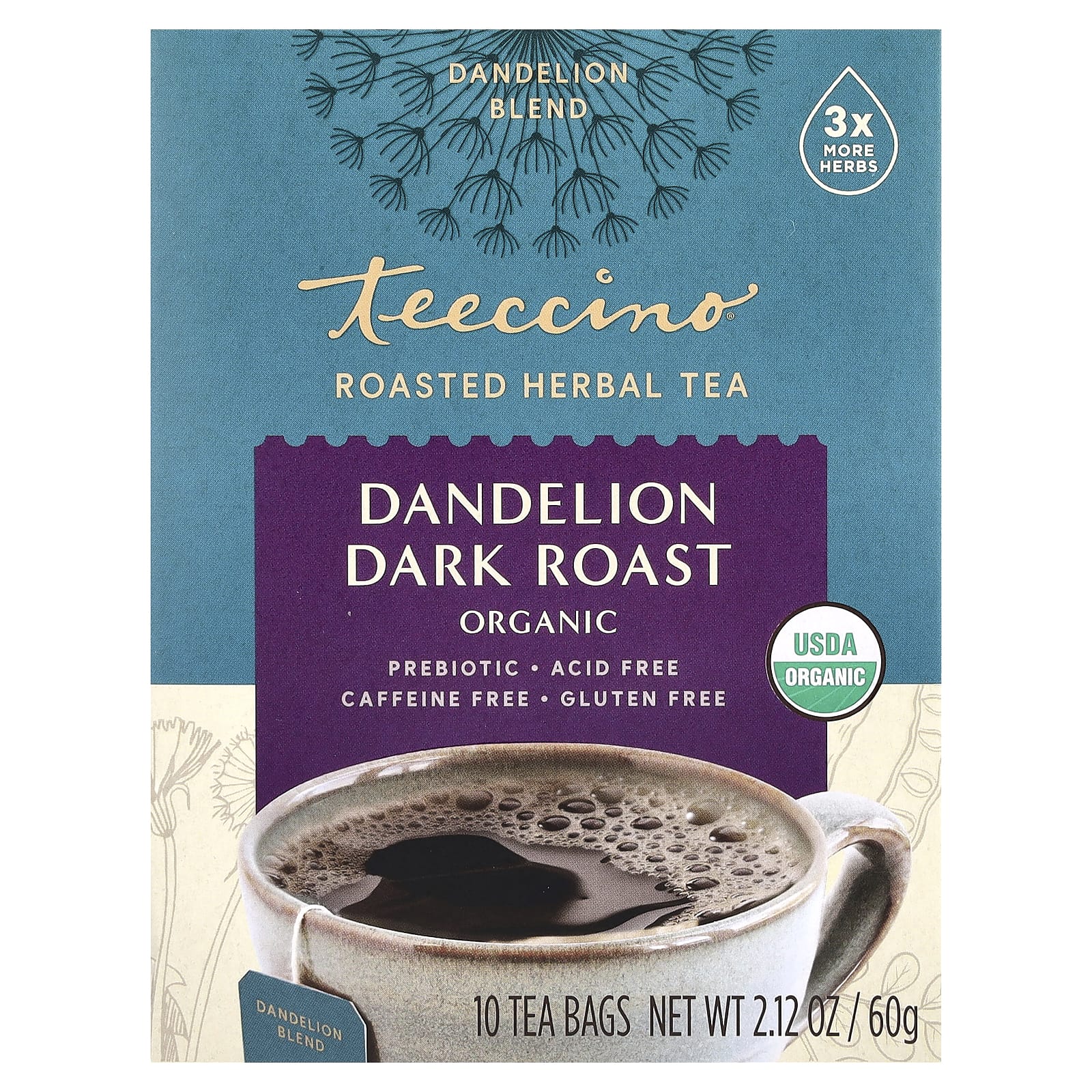 Чай Teeccino Organic Roasted Herbal Dandelion Dark Roast Caffeine Free, оттенок 10 Tea Bags, 60 г, чайные пакетики — фото 2