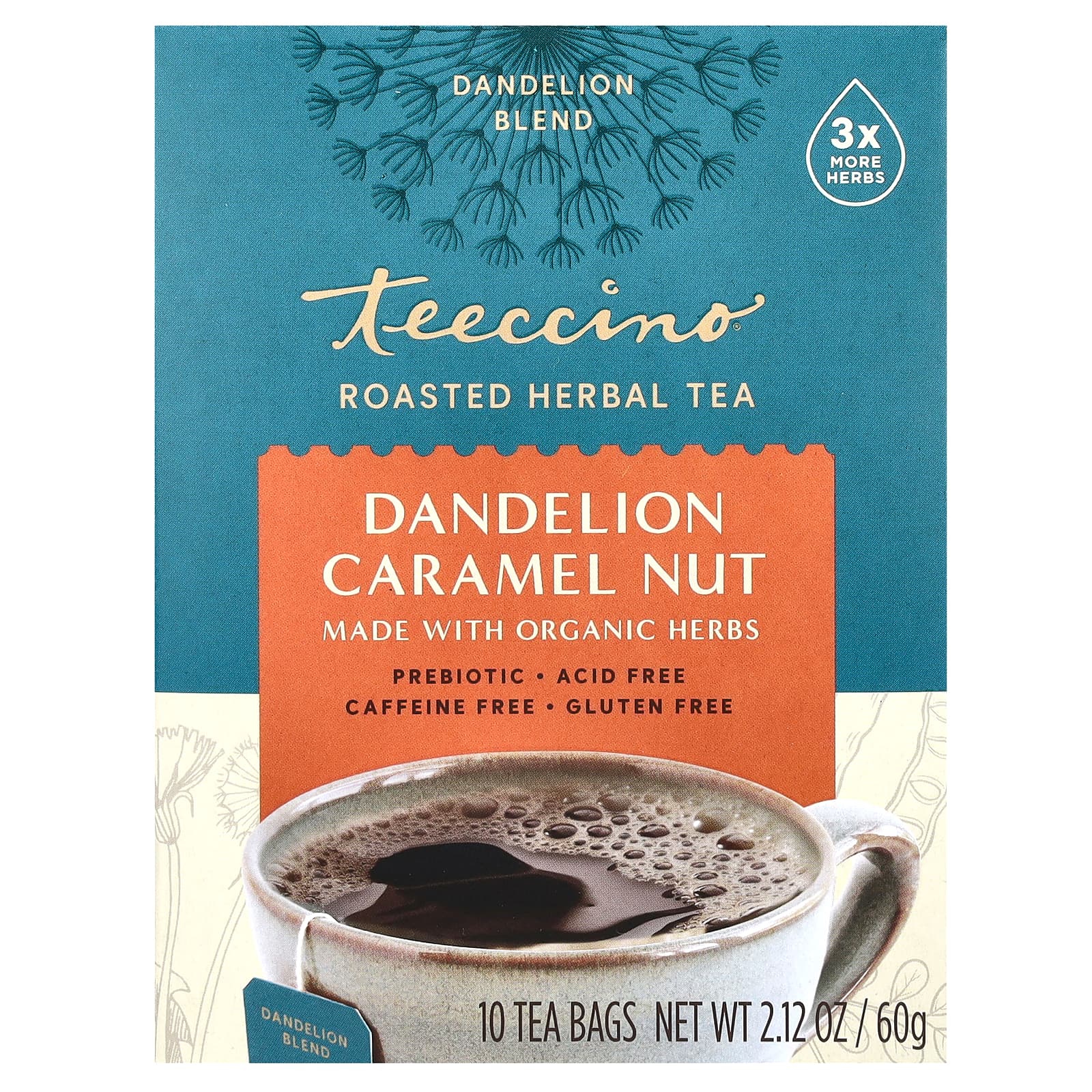 Чай Teeccino Roasted Herbal Dandelion Caramel Nut Caffeine Free, оттенок 10 Tea Bags, 60 г, чайные пакетики — фото 3