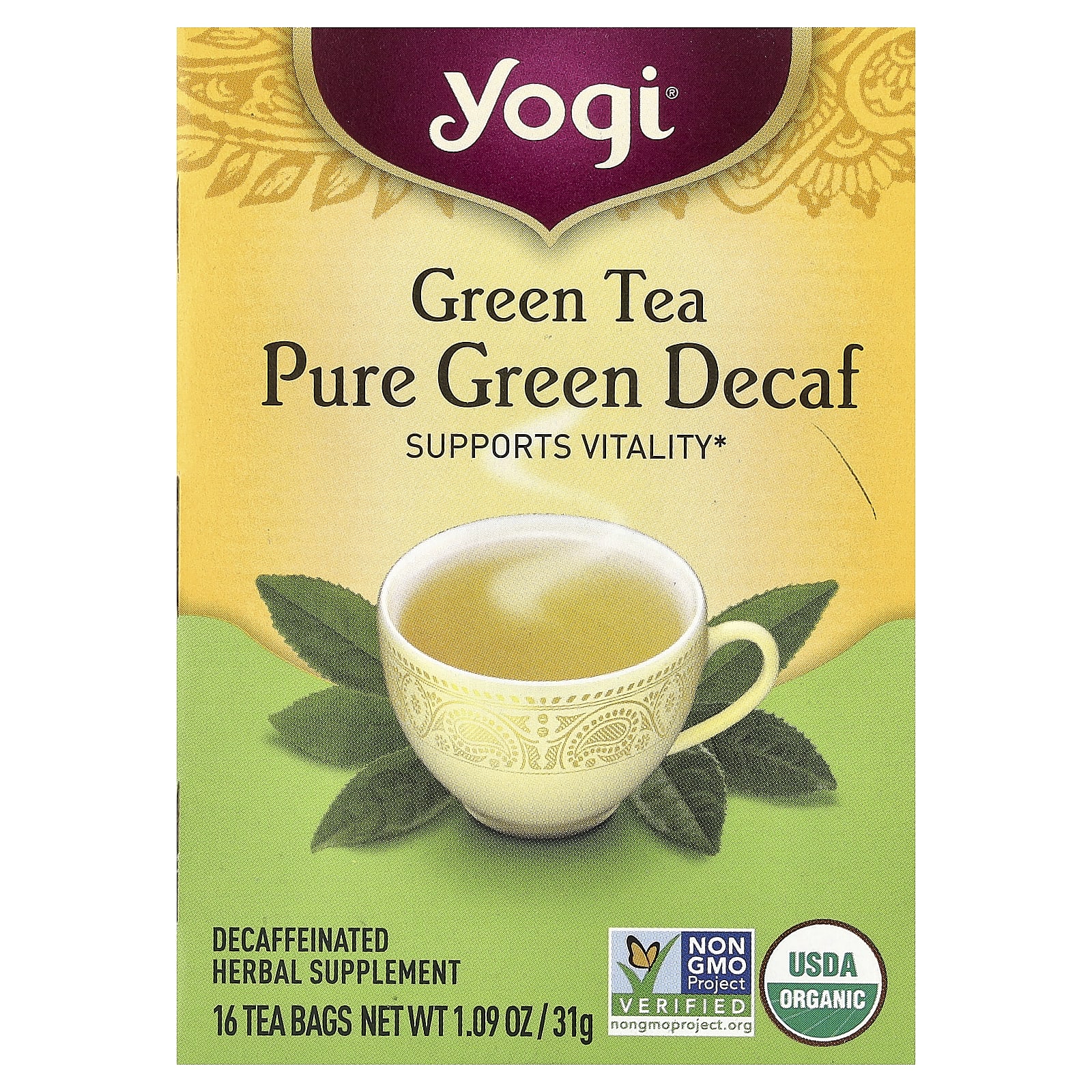 Зеленый чай Yogi Tea Pure Green 16 Tea Bags, оттенок Decaf, 31 г, чайные пакетики — фото 2