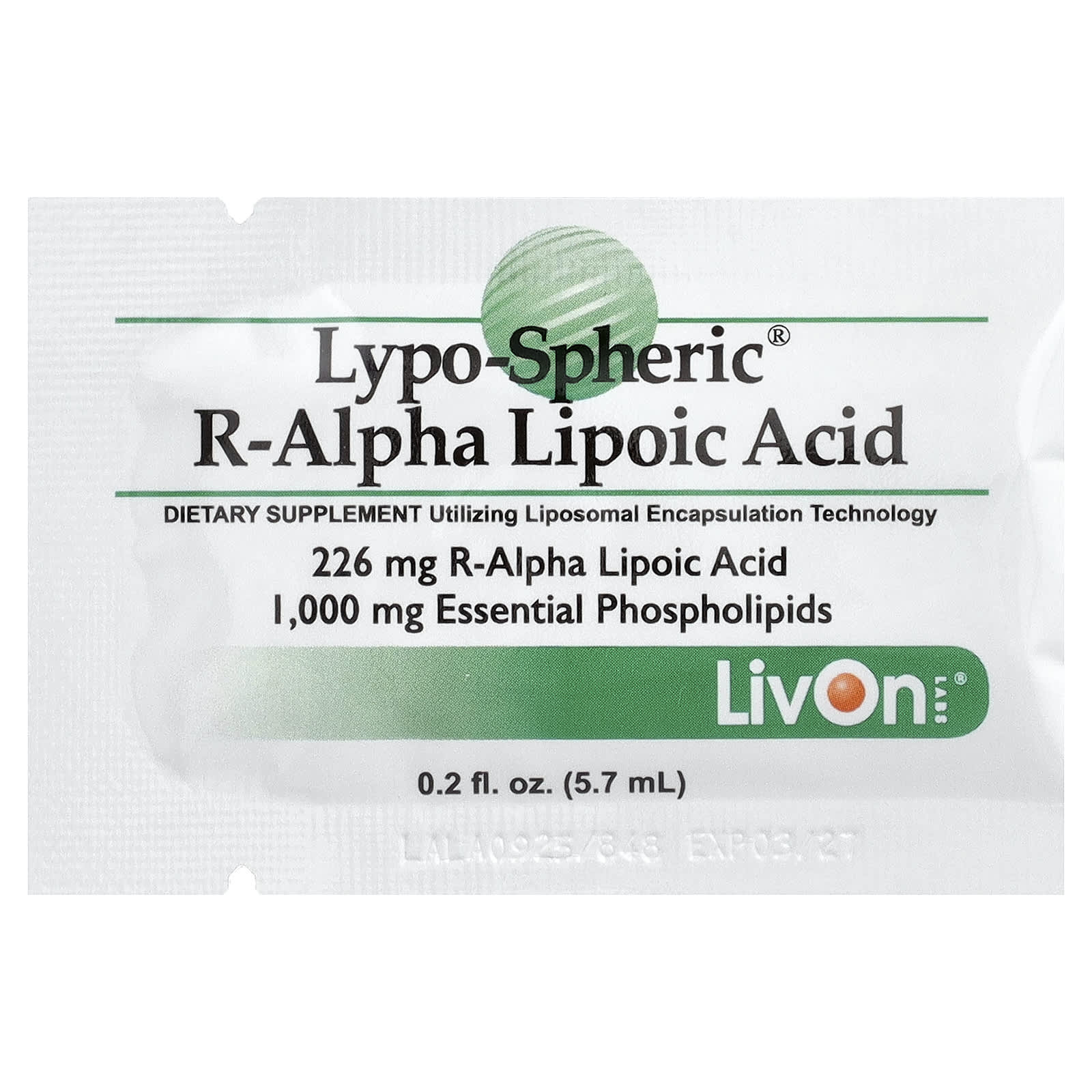 Альфа-липоевая кислота LivOn Laboratories Lypo-Spheric® R-, оттенок 30 Packets, 5.7 мл, саше