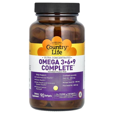 Фото товара: Омега-3 Country Life Ultra Concentrated -6-9 Complete, вкус «натуральный лимон», 90 мягких капсул