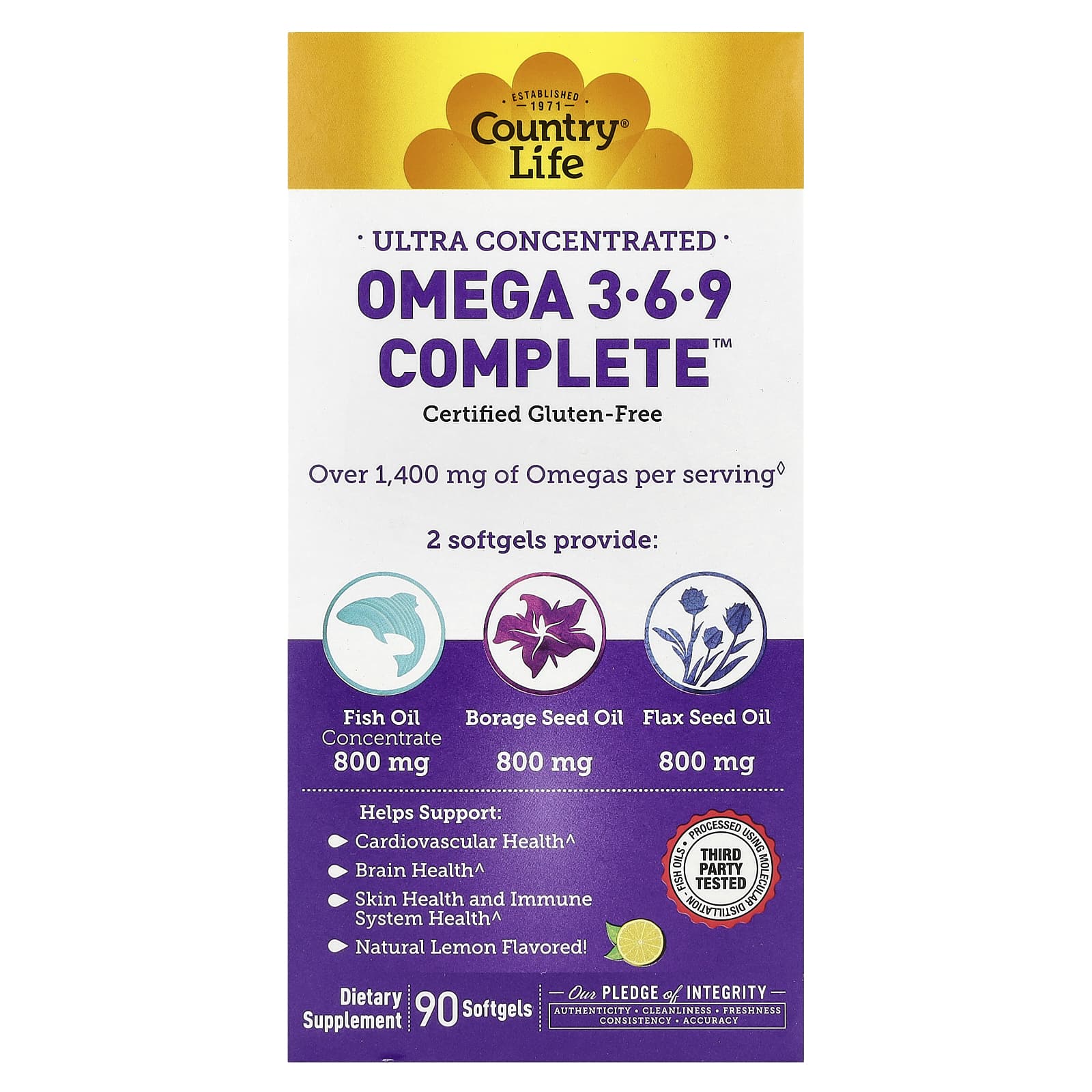 Омега-3 Country Life Ultra Concentrated -6-9 Complete, вкус Natural Lemon, 90 мягких капсул — фото 2
