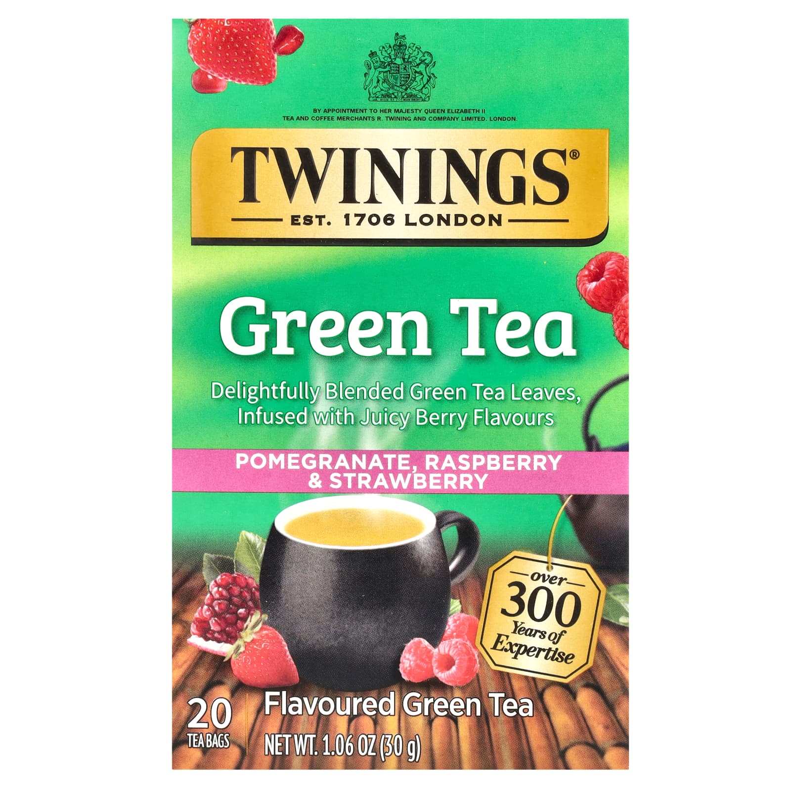 Чай Twinings Flavored Green Pomegranate Raspberry & Strawberry, оттенок 20 Tea Bags, 30 г, чайные пакетики