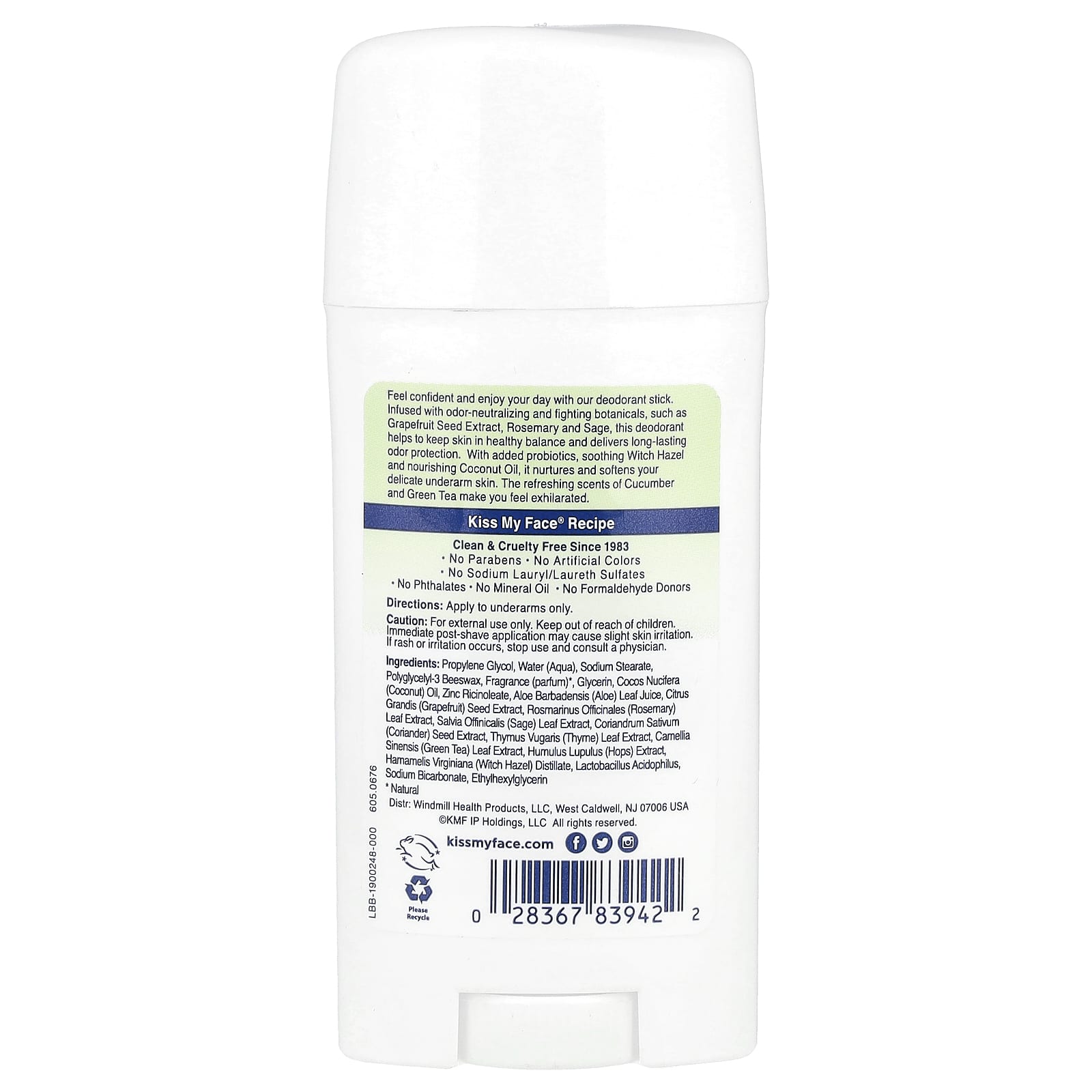 Дезодорант Kiss My Face Active Life® Stick Cucumber + Green Tea, 70 г, стик — фото 2