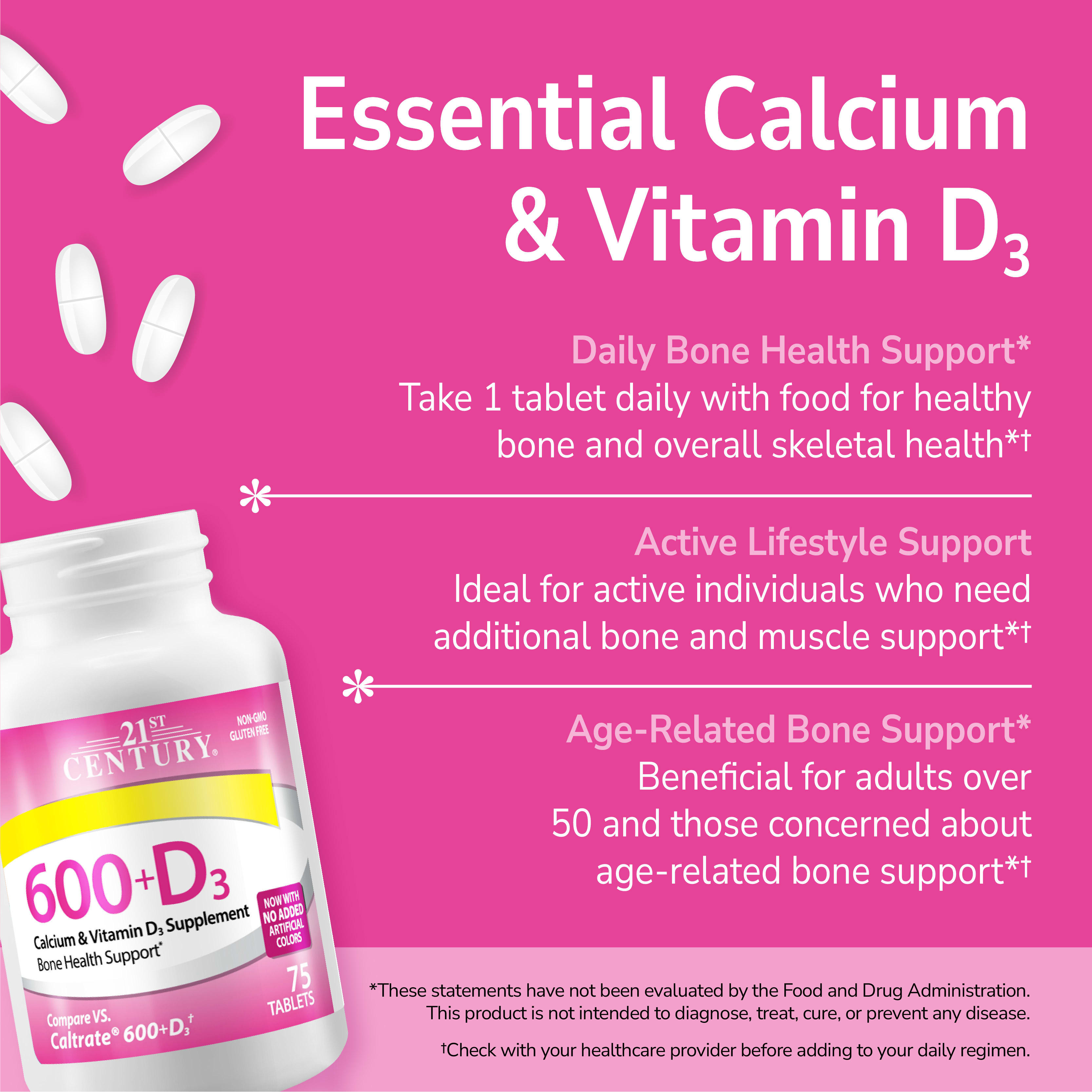 Добавка 21st Century 600+D3 Calcium & Vitamin D3, 75 таблеток — фото 3