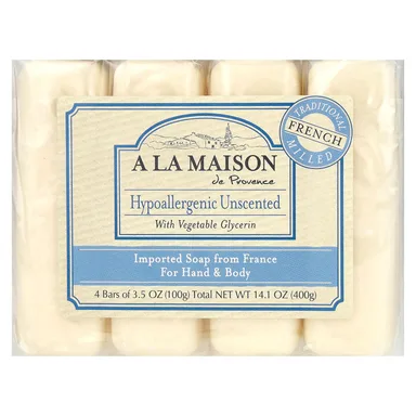 Фото товара: Мыло A La Maison de Provence Hand & Body Soap Hypoallergenic Unscented, 100 г, 4 шт., батончик