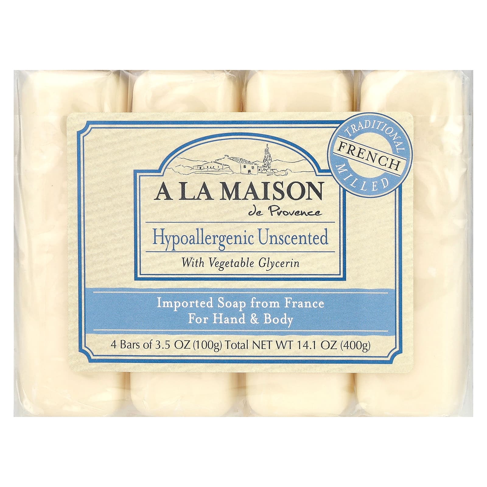 Мыло A La Maison de Provence Hand & Body Soap Hypoallergenic Unscented, 100 г, 4 шт., батончик — фото 2