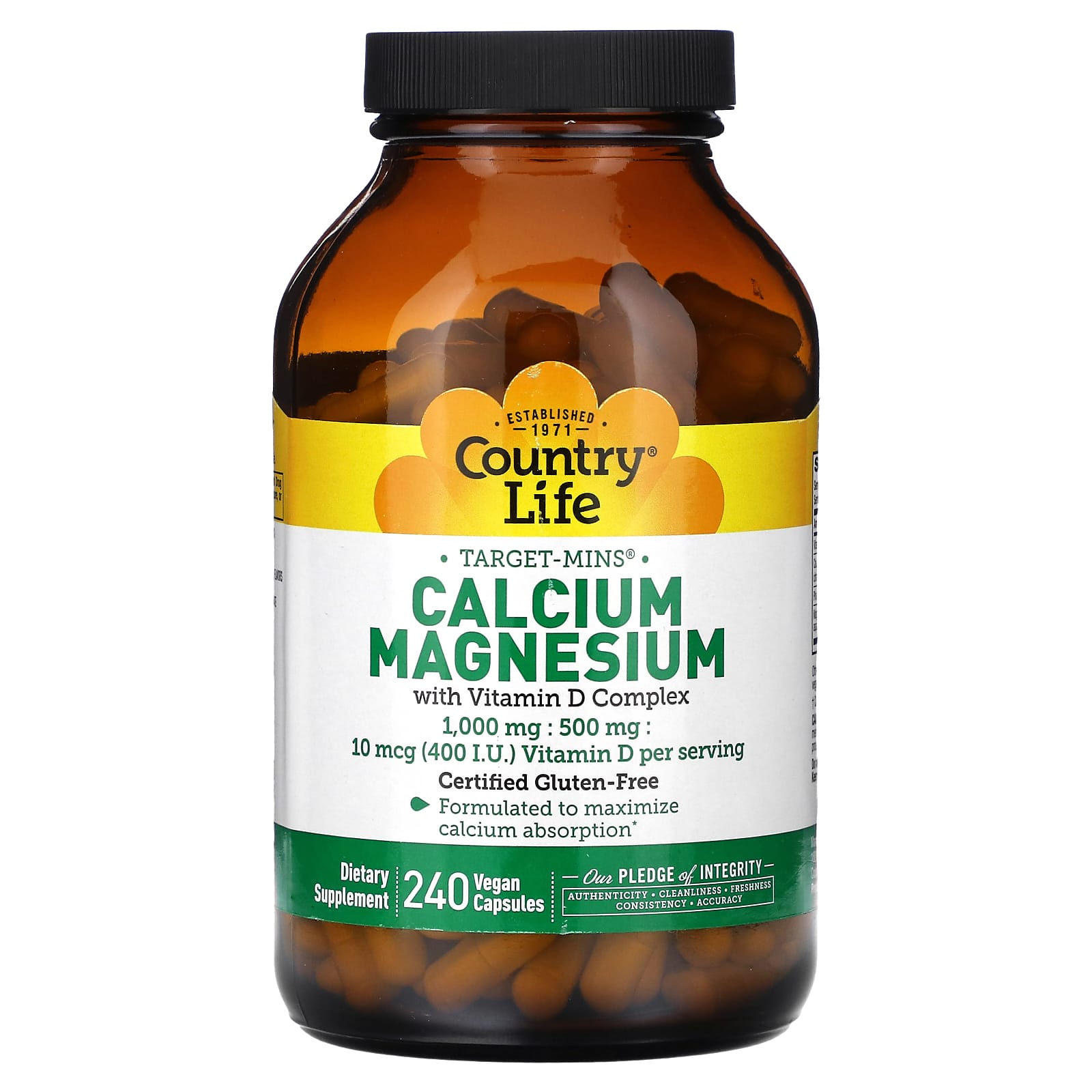 Магний Country Life Target-Mins Calcium with Vitamin D Complex, 240 растительных капсул
