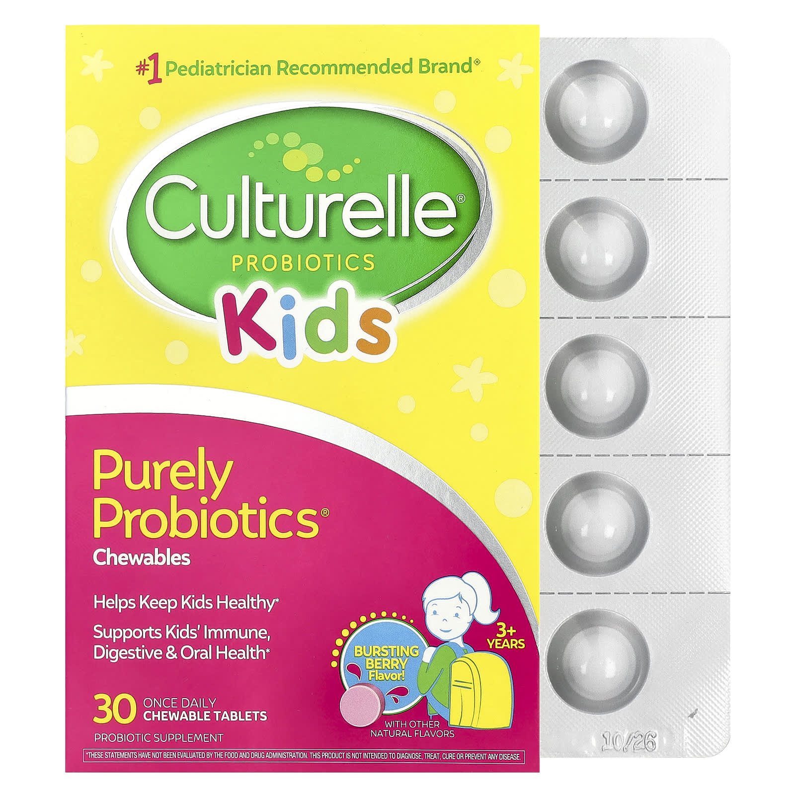 Пробиотик Culturelle Purely® Chewables 3+ Years, вкус Bursting Berry, 25 мг, 30 жевательных таблеток