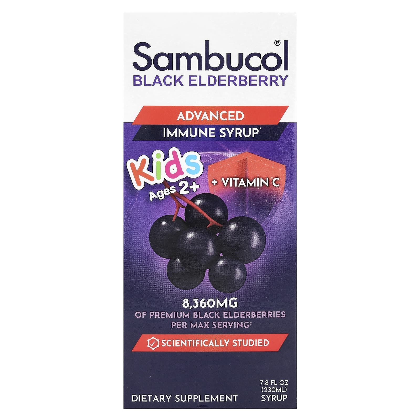 Бузина Sambucol Black Advanced Immune Syrup Ages 2+ 8 360 mg, 8360 мг, 230 мл — фото 3