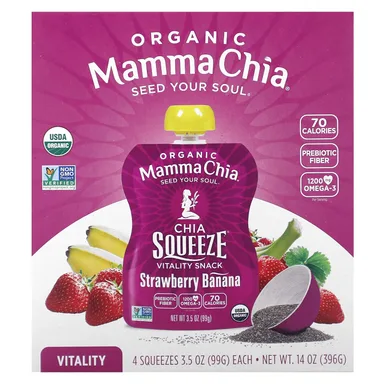 Фото товара: Снек Mamma Chia Organic Chia Squeeze® Vitality Strawberry Banana, 99 г, набор из 4 шт.