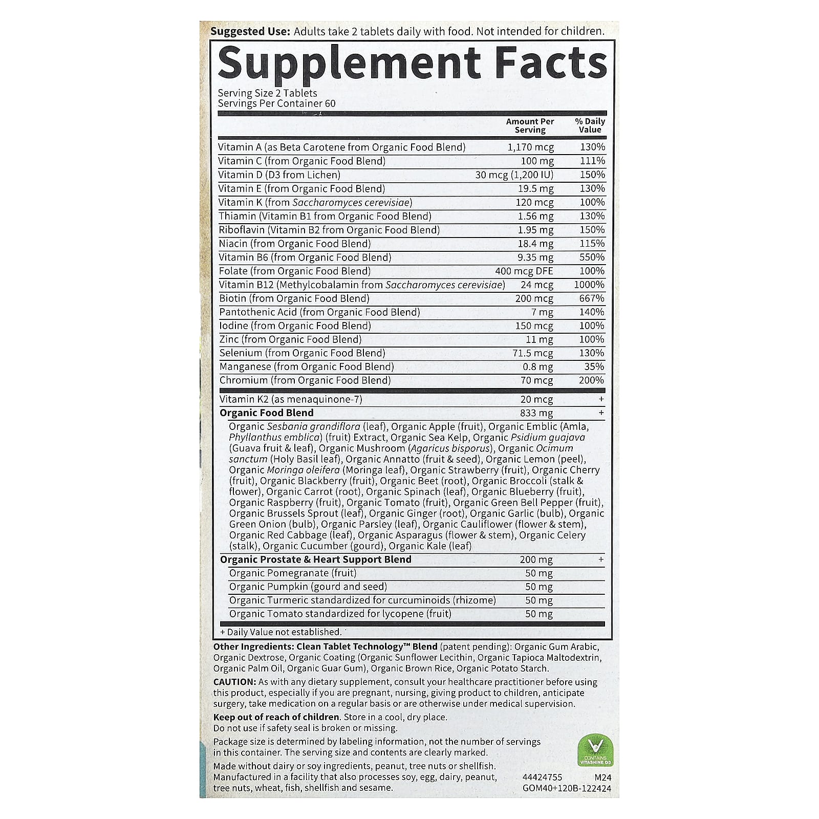 Мужские мультивитамины Garden of Life Organics 40+ 120 Vegan Tablets, таблетки — фото 3