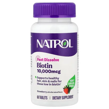 Фото товара: Биотин Natrol Fast Dissolve, вкус «клубника», 10000 мкг, 60 таблеток