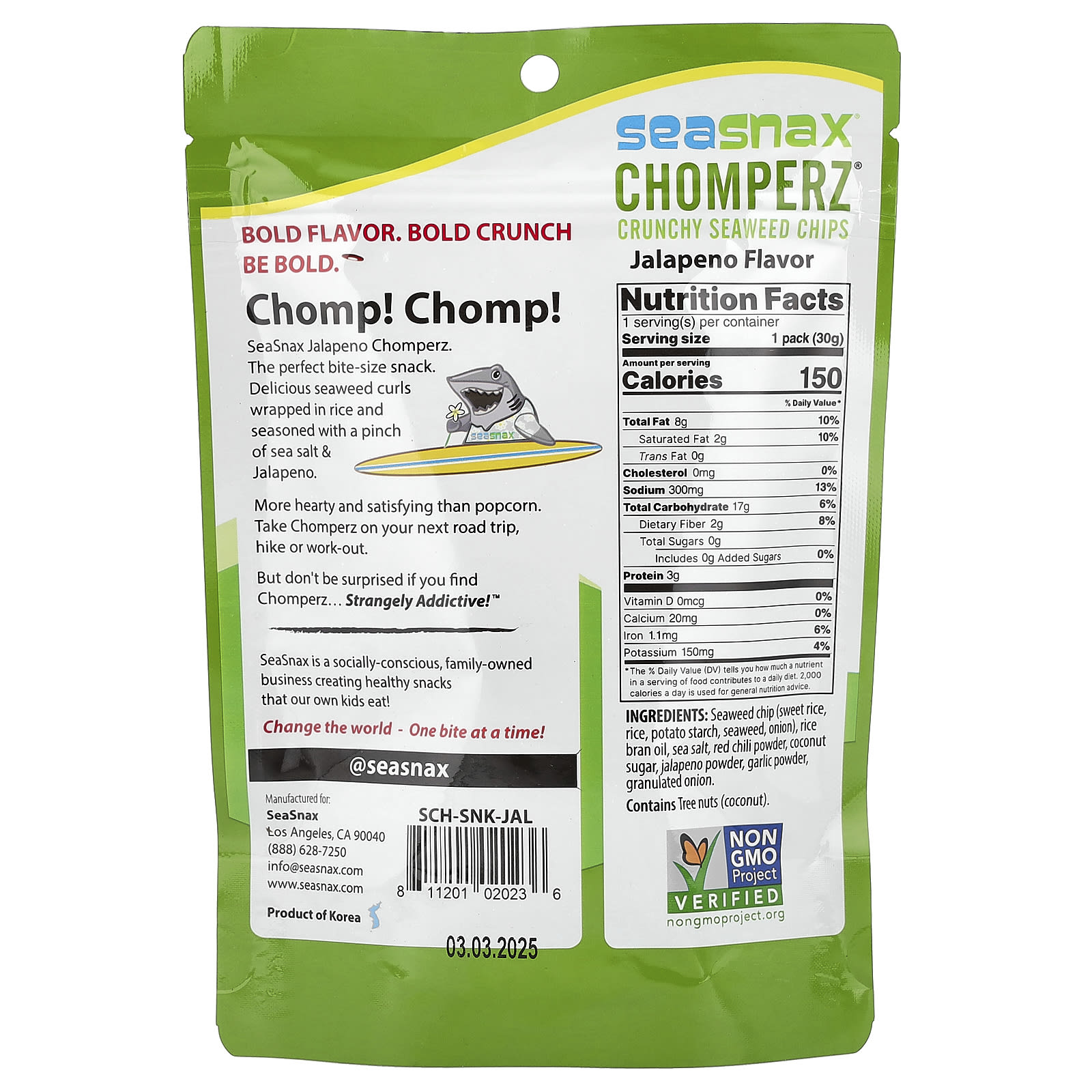 Чипсы SeaSnax Chomperz® Crunchy Seaweed, оттенок Jalapeno, 30 г — фото 2