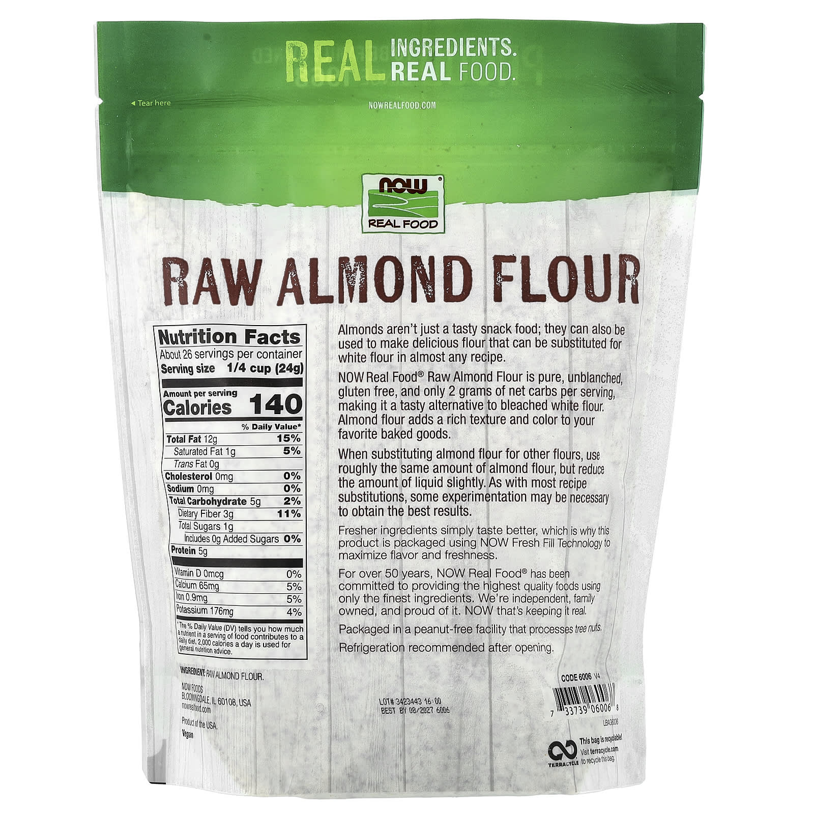 Мука NOW Foods Real Food Raw Almond, 624 г — фото 2