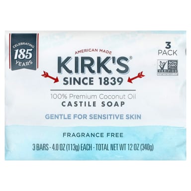 Кокосовое масло Kirk's 100% Premium Castile Bar Soap, 113 г, 3 шт., батончик