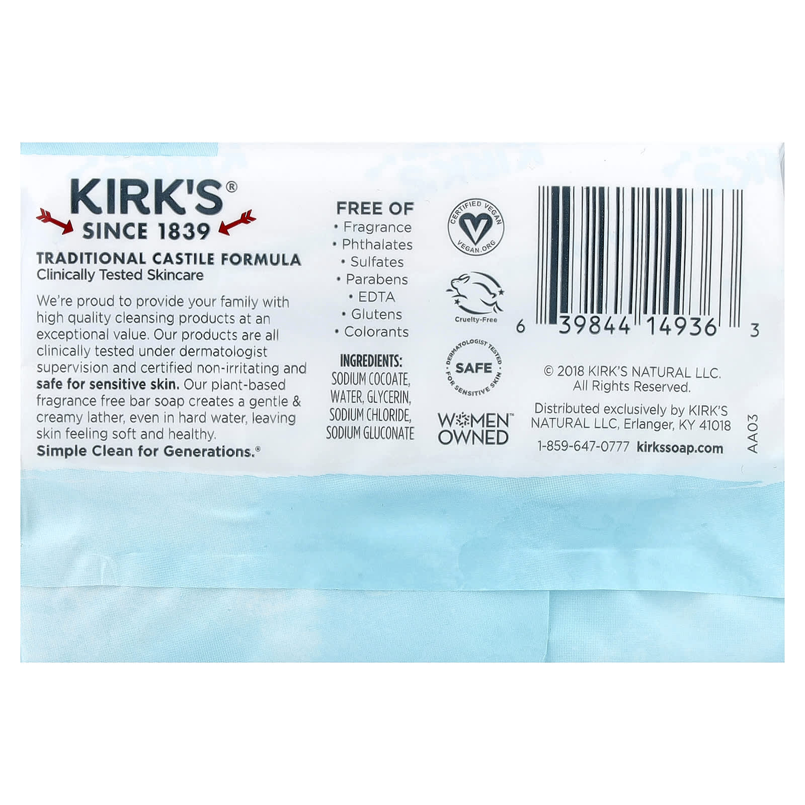 Кокосовое масло Kirk's 100% Premium Castile Bar Soap, 113 г, 3 шт., батончик — фото 2