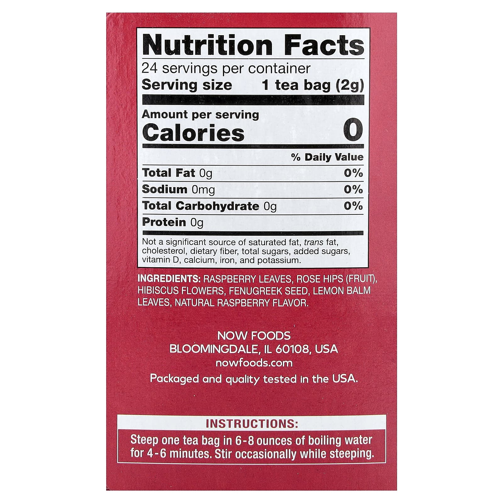 Чай NOW Foods Red Raspberry Caffeine Free, оттенок 24 Tea Bags, 48 г, чайные пакетики — фото 3