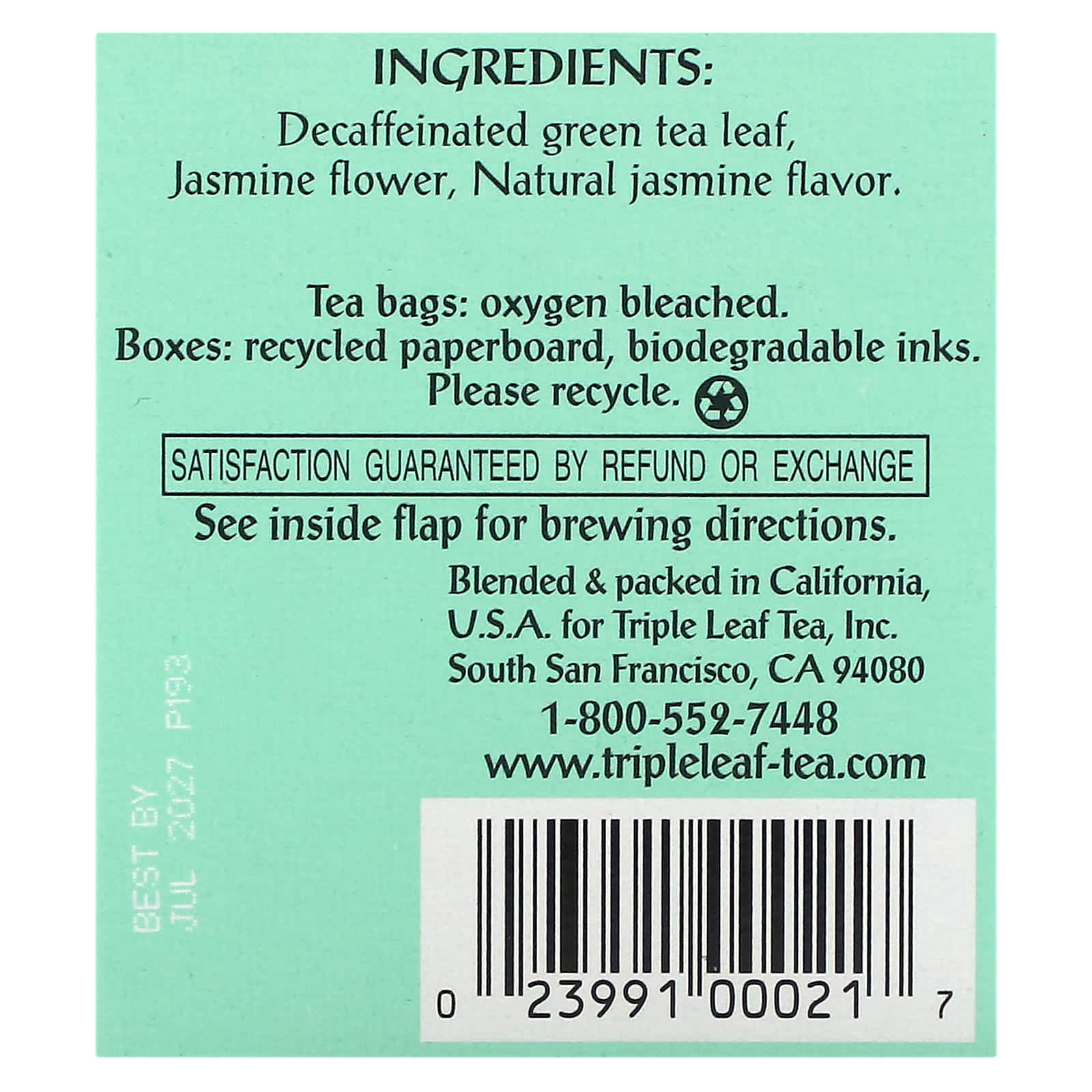 Чай Triple Leaf Tea Jasmine Decaf Green, оттенок 20 Tea Bags, 38 г, чайные пакетики — фото 3