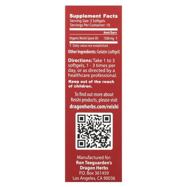 Рейши Dragon Herbs Duanwood™ Spore Oil, 500 мг, 30 мягких капсул