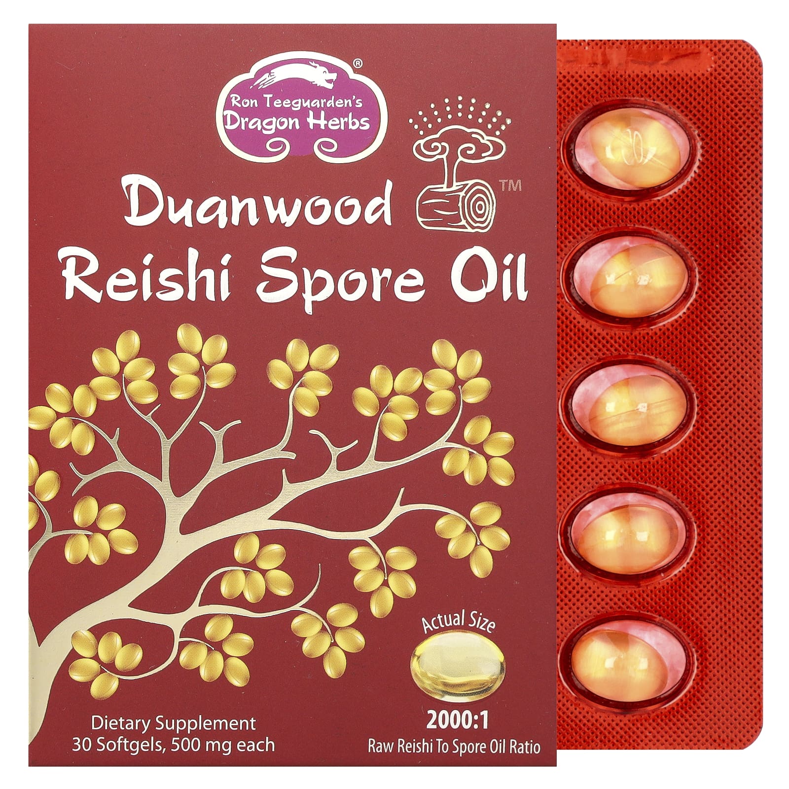 Рейши Dragon Herbs Duanwood™ Spore Oil, 500 мг, 30 мягких капсул — фото 2