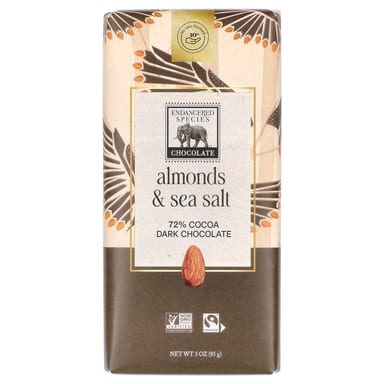 Темный шоколад Endangered Species Chocolate Almonds & Sea Salt + 72% Cocoa, 85 г